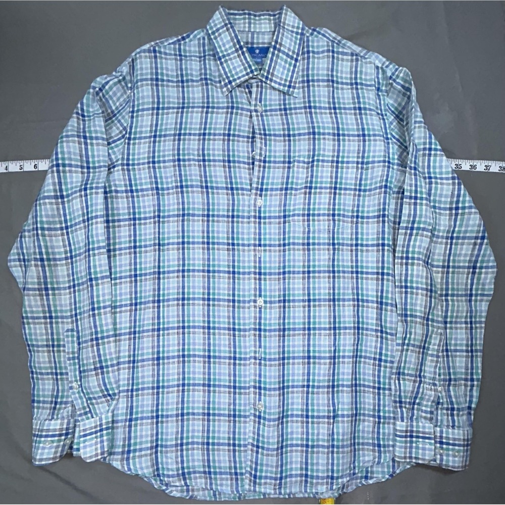 Toscano Shirt Mens Large Blue Green Plaid Long Sleeve Linen Button Up Casual